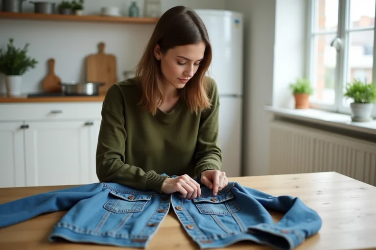 Femme inspectant une veste en jean d'occasion sur une table en bois dans un appartement moderne, illustrant l'achat de vêtements de seconde main sur Zalando