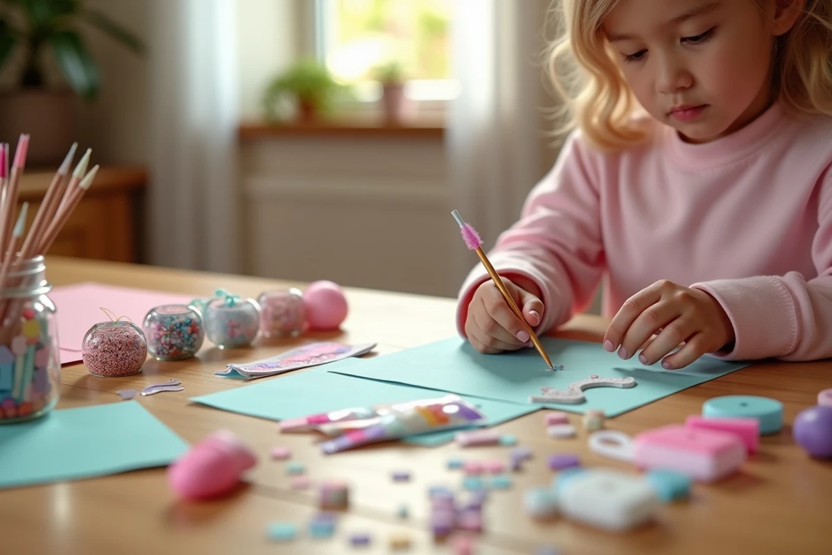 Activité créative DIY licorne pour enfants avec matériaux artisanaux colorés, paillettes et accessoires sur table en bois
