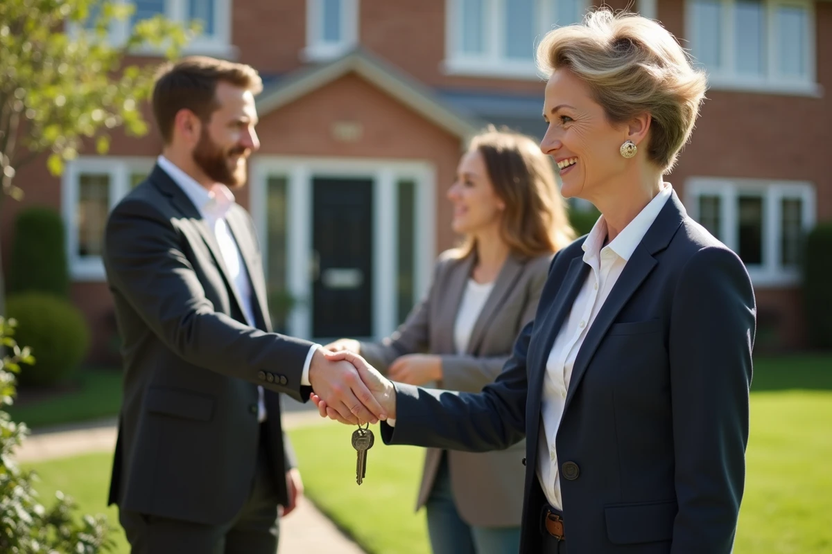 Agent immobilier remettant des clés à un jeune couple devant la maison
