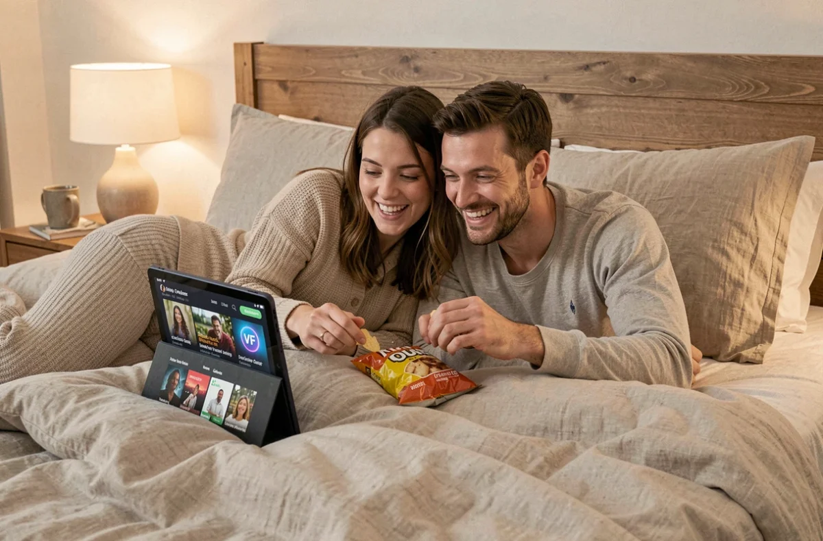 Deux amis regardant ensemble une série en VF sur une tablette allongés sur un lit