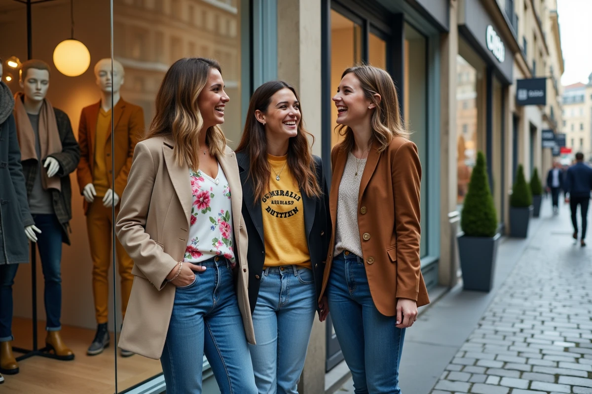 Trois amis discutant en faisant du shopping dans la rue