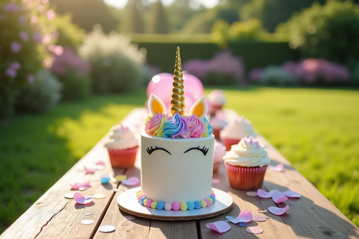 Table d'anniversaire licorne avec gâteau fondant, cupcakes et décorations pastel irisées dans un jardin fleuri