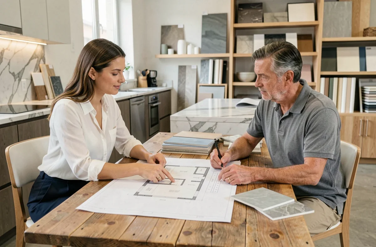 Architecte d'intérieur et artisan carreleur consultant des plans dans un showroom de cuisine
