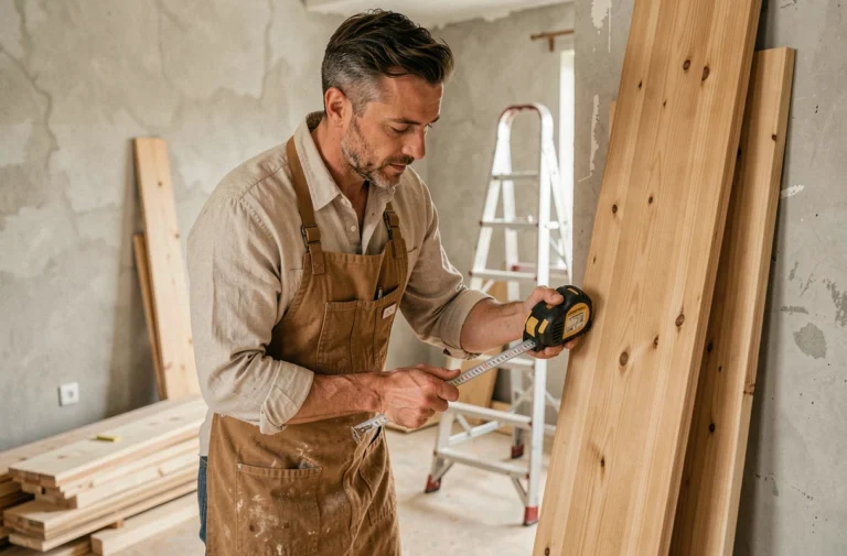 Artisan charpentier mesurant des panneaux en bois lors de la rénovation d'un salon