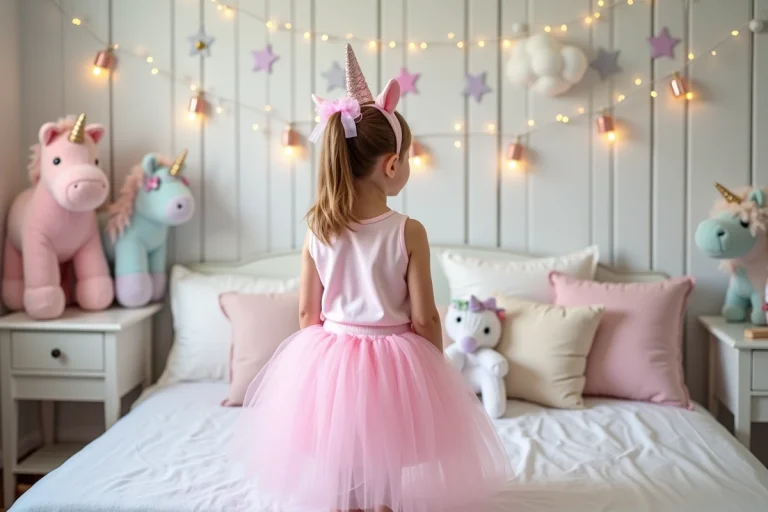 Petite fille déguisée en licorne dans une chambre décorée sur le thème des licornes avec guirlandes pastel et peluches