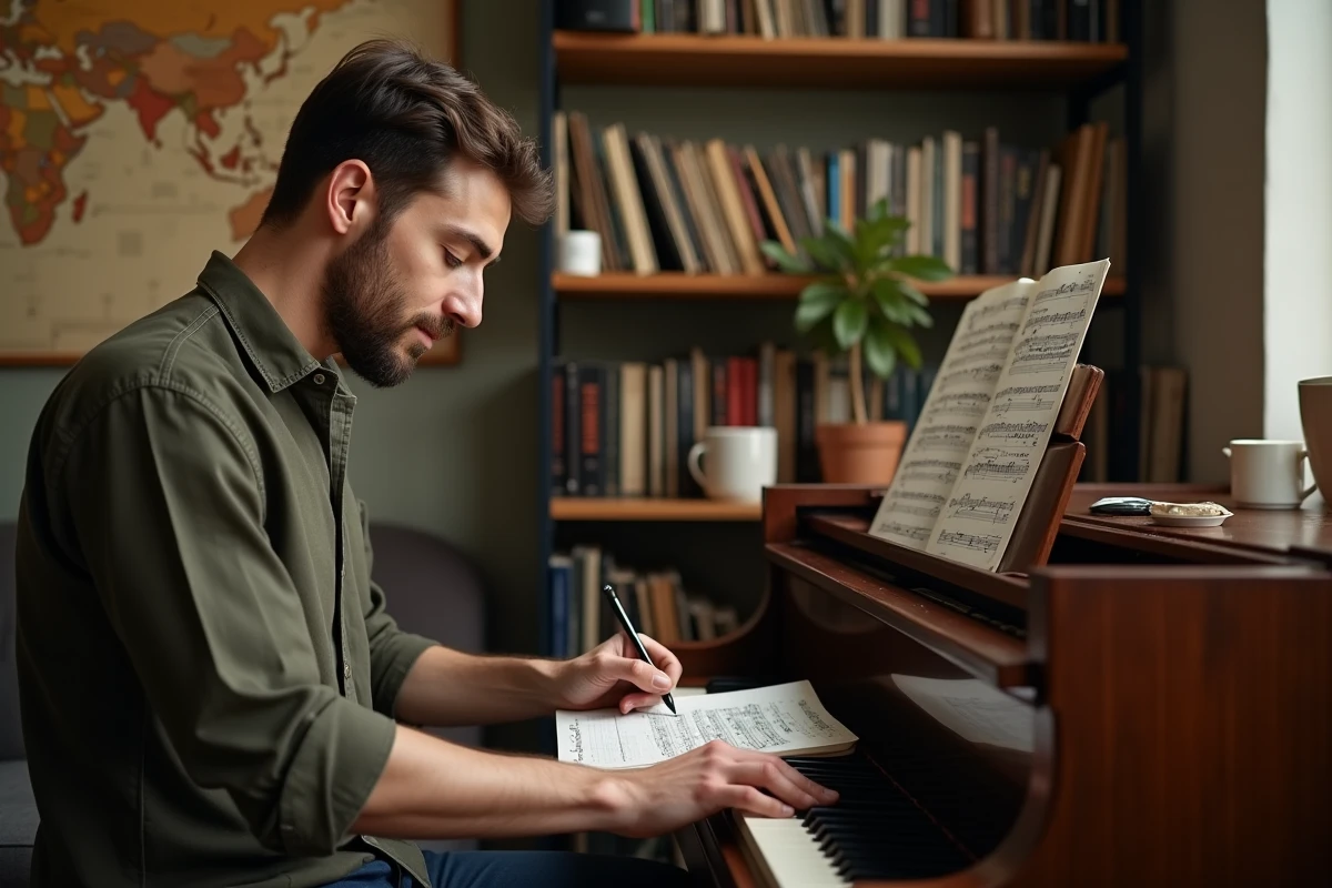 Igor Tikovoi compositeur écrivant des partitions musicales au piano dans un studio personnel chaleureux