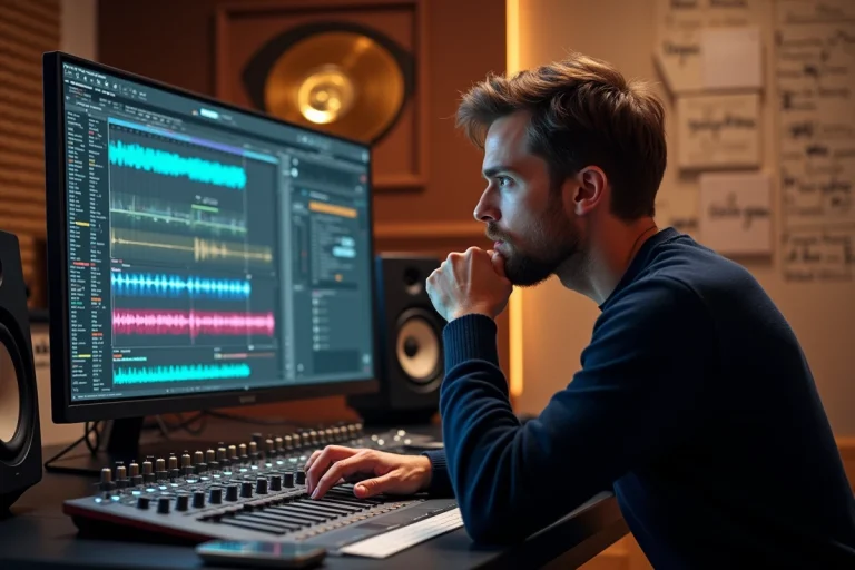 Compositeur et producteur de musique Igor Tikovoi travaillant sur une console de mixage professionnelle dans un studio d'enregistrement