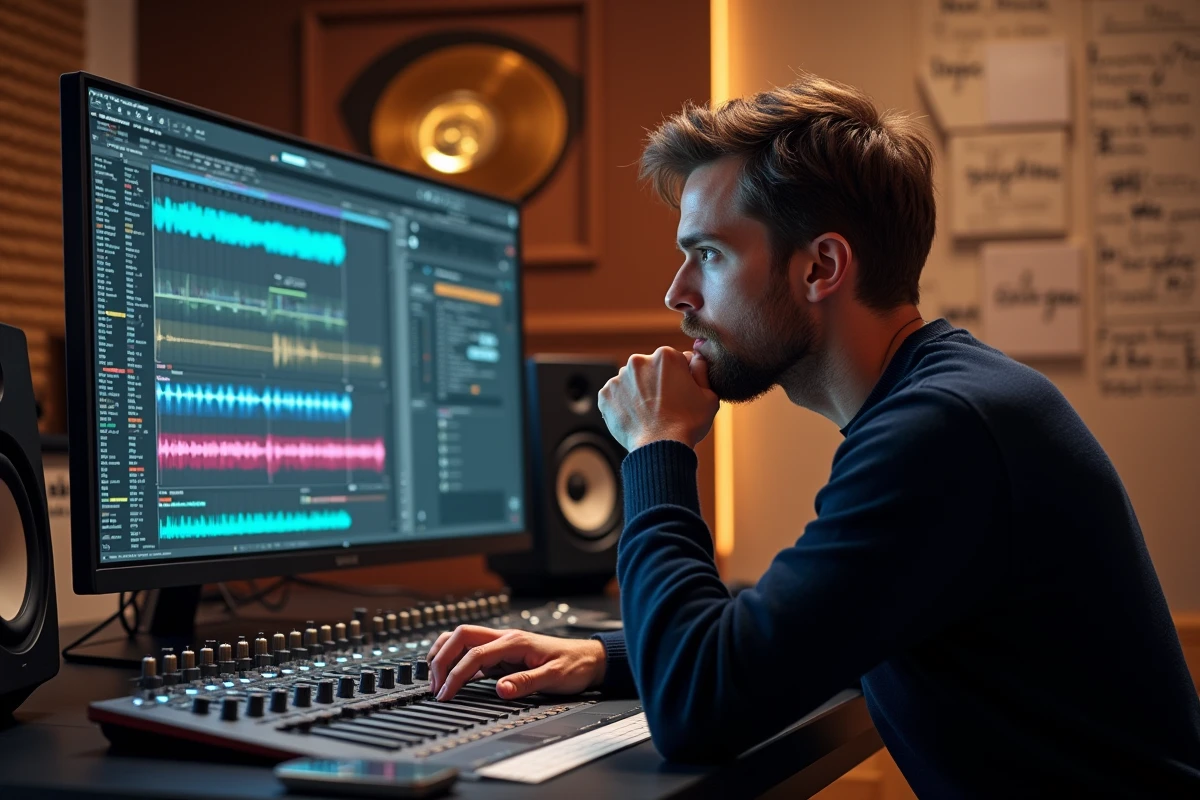 Compositeur et producteur de musique Igor Tikovoi travaillant sur une console de mixage professionnelle dans un studio d'enregistrement