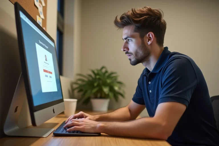 Jeune homme connecté à son compte Footclub FFF sur un ordinateur portable dans un bureau à domicile