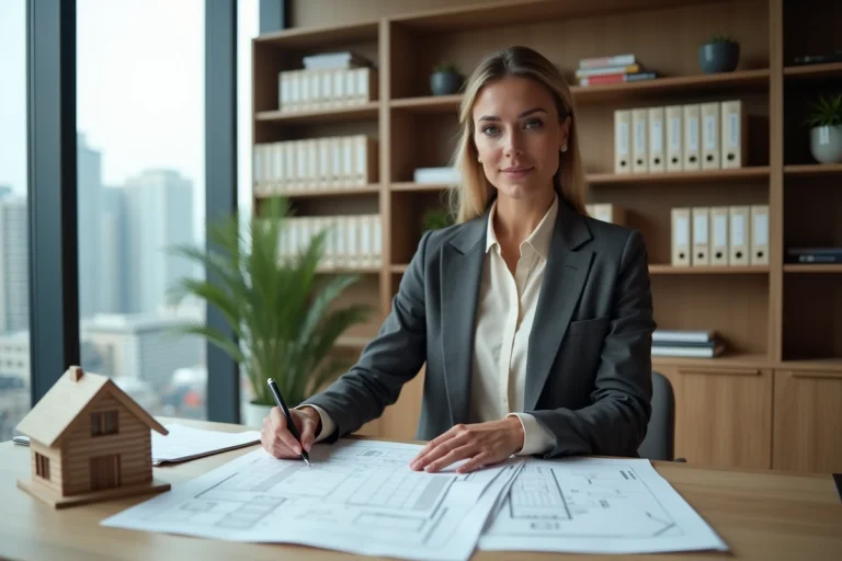 Femme professionnelle de l'immobilier analysant des plans et documents financiers dans un bureau moderne avec vue sur la ville