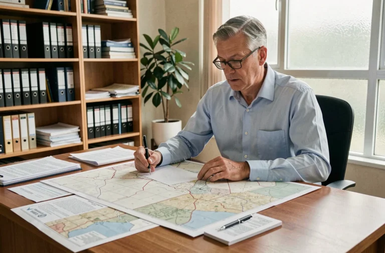 Professionnel de l'immobilier consultant une revue foncière et des documents cadastraux avant un investissement terrain