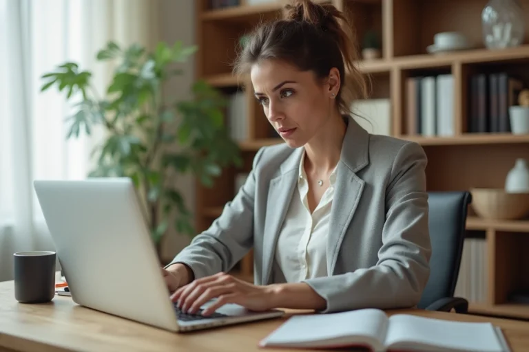 Femme utilisant un ordinateur portable pour contacter le support Avast par mail depuis un bureau à domicile