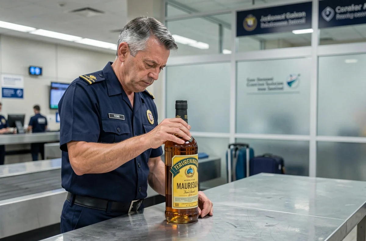 Agent des douanes examinant une bouteille de rhum mauricien lors d'un contrôle douanier à l'aéroport
