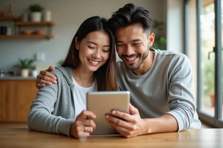 Jeune couple souriant regardant une tablette pour l'achat immobilier