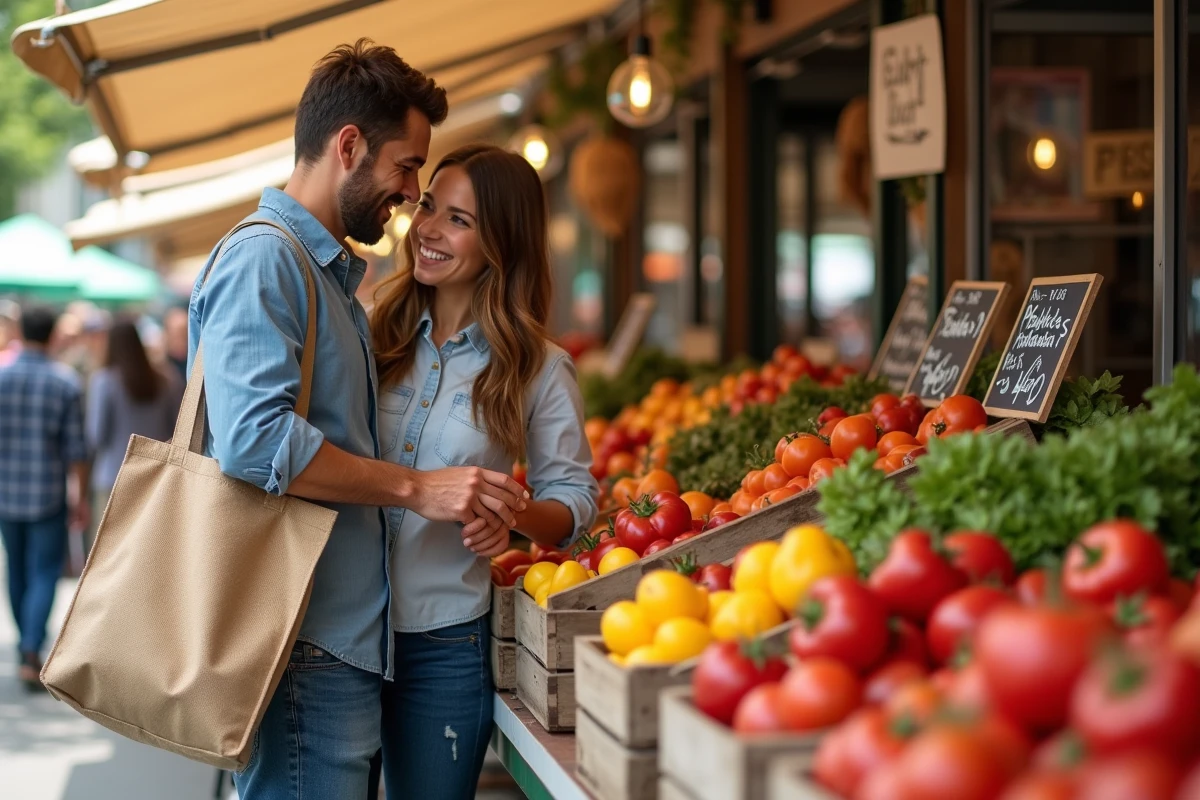 Couple faisant leurs courses au marché en plein air avec un sac réutilisable pour économiser sur les achats alimentaires