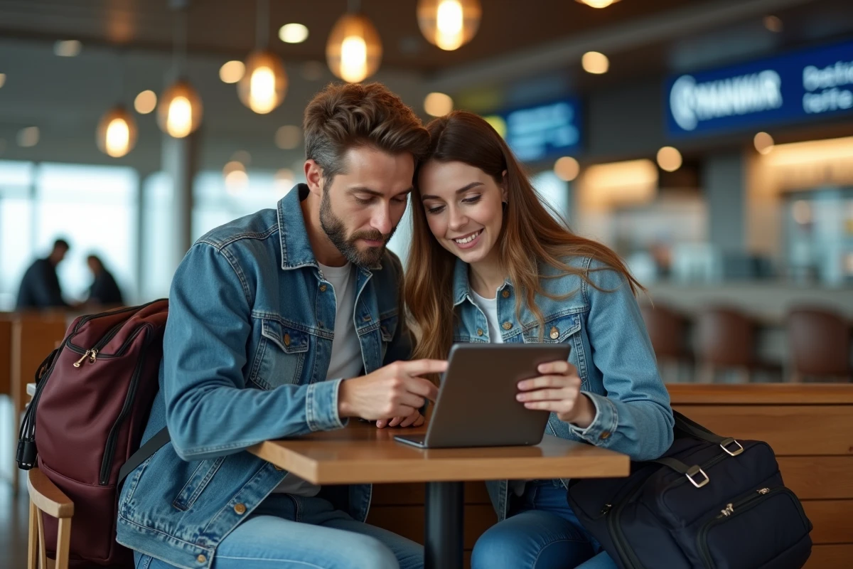 Couple modifiant ensemble leur vol Ryanair sur une tablette dans un café d'aéroport avant le départ