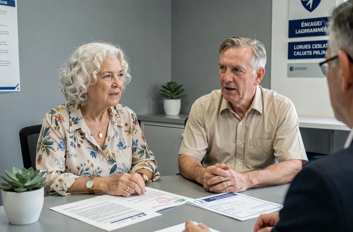 Couple de seniors en démarche administrative pour une exonération de taxe foncière pour personnes handicapées
