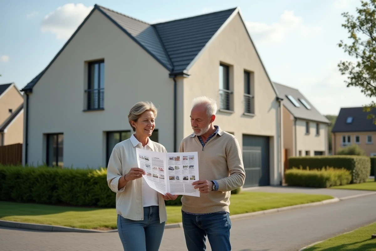 Couple visitant une maison individuelle en banlieue et consultant une fiche de bien immobilier pour un investissement