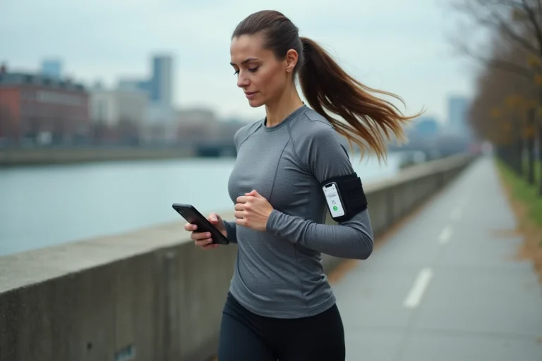 Coureuse utilisant l'application Strava gratuite sur smartphone pendant un jogging en ville