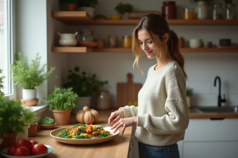 Jeune femme en cuisine préparant un stirfry coloré