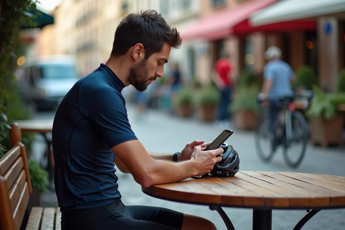 Cycliste consultant les statistiques Strava version gratuite sur son téléphone après une sortie vélo