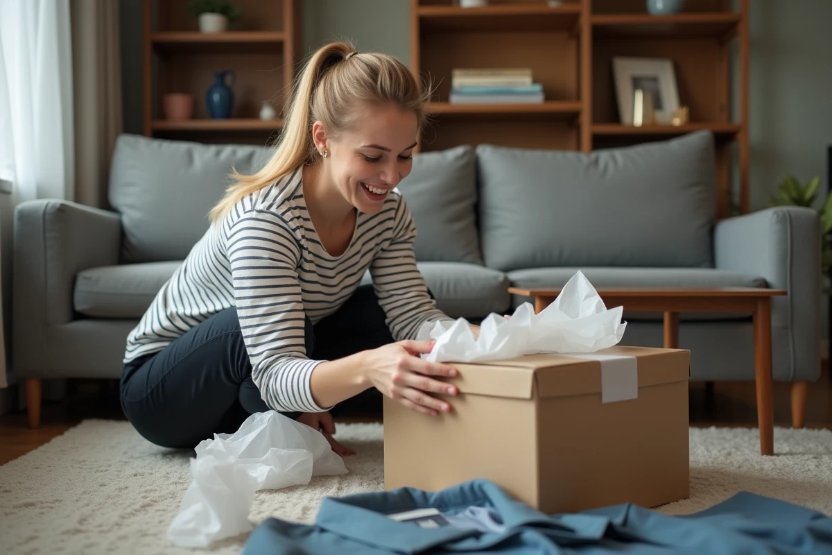 Femme déballant un colis de vêtements de seconde main commandé sur Zalando dans son salon, exprimant de la satisfaction à la découverte de son achat