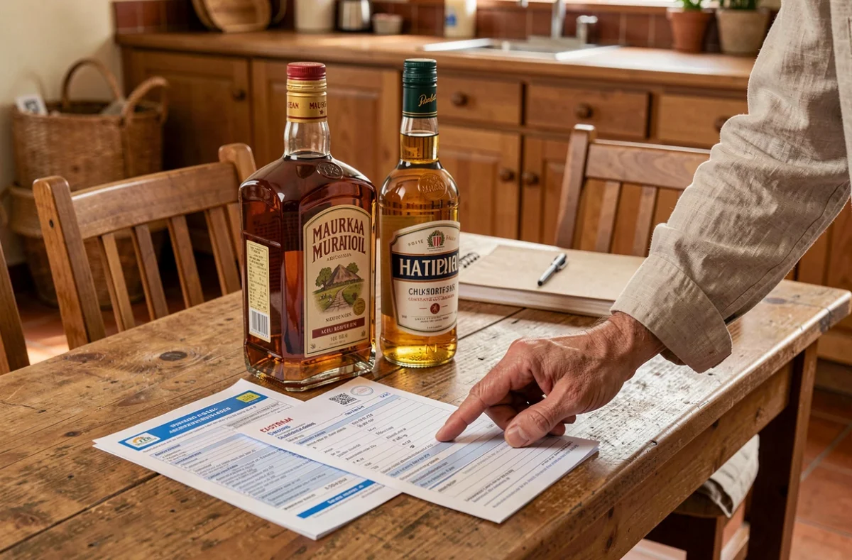 Déclaration douanière pour des bouteilles d'alcool importées de Maurice posées sur une table