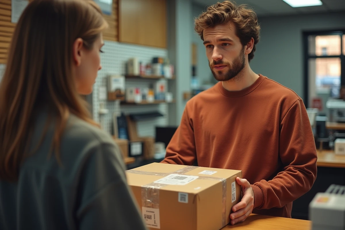Jeune homme déposant un colis de figurines bien emballé et étiqueté au comptoir d'un bureau de poste