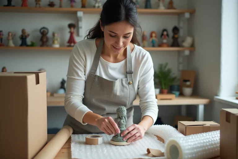 Femme emballant soigneusement une figurine en résine avec du papier bulle sur une table d'atelier pour expédition sécurisée