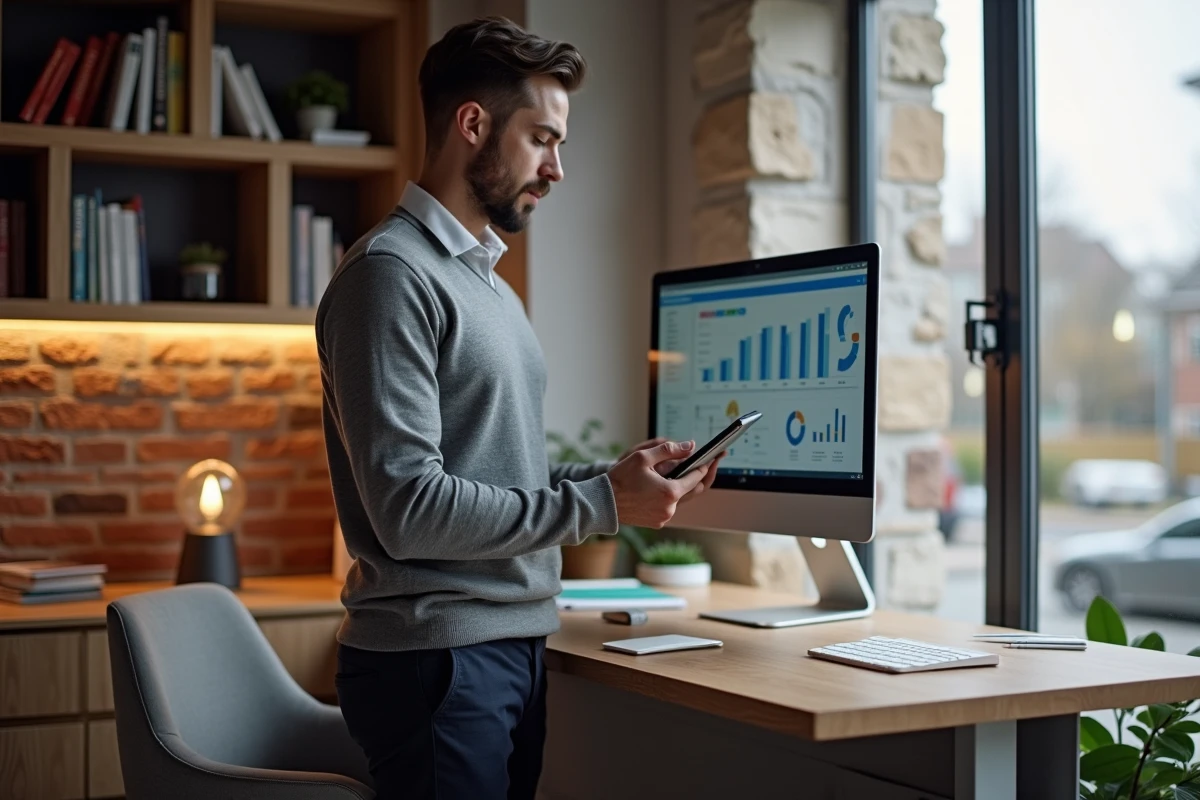 Entrepreneur en télétravail consultant un logiciel ERP de gestion d'entreprise sur une tablette dans un bureau à domicile