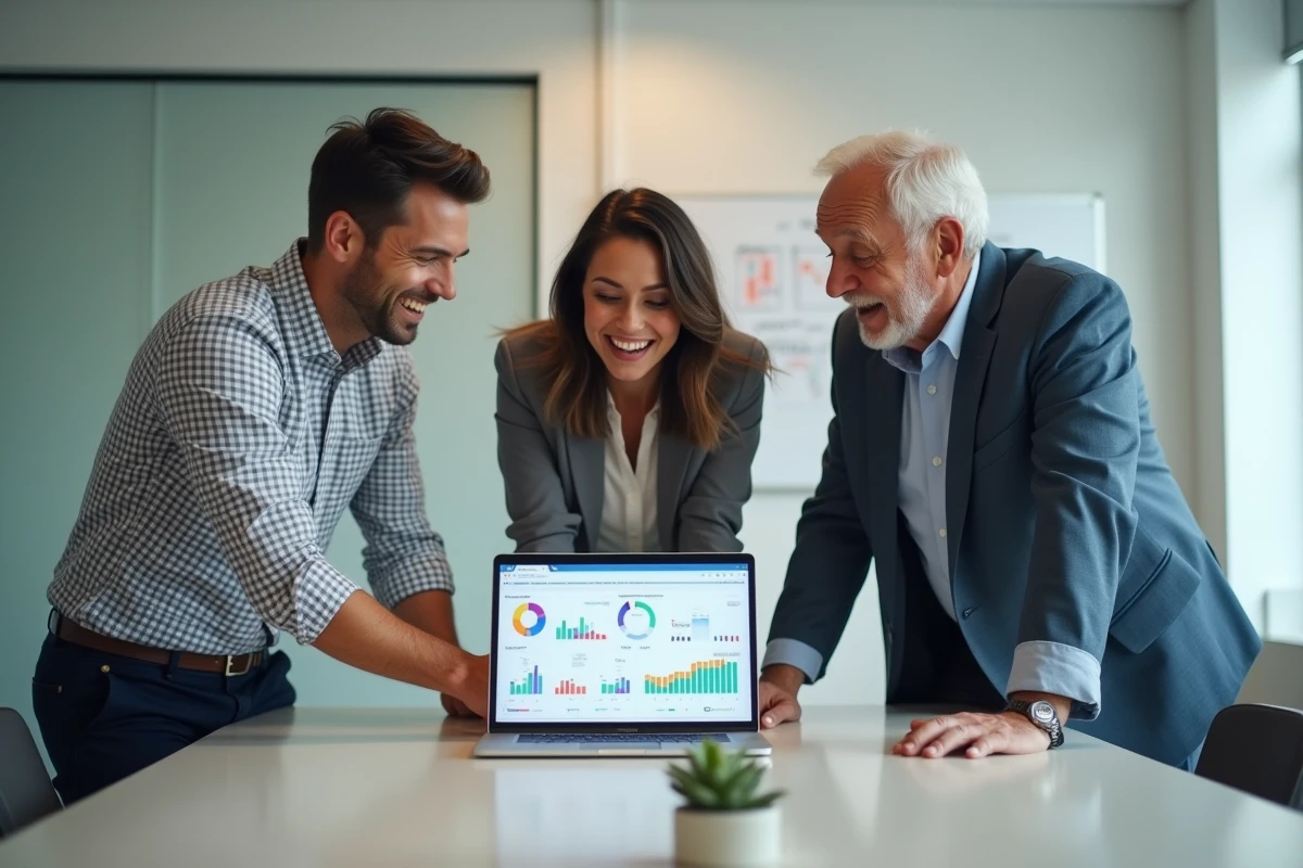 Équipe professionnelle collaborant autour d'un tableau de bord analytique d'un logiciel de gestion lors d'une réunion