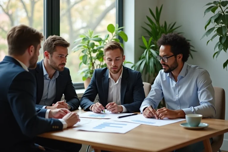 Equipe marketing en réunion dans un bureau lumineux