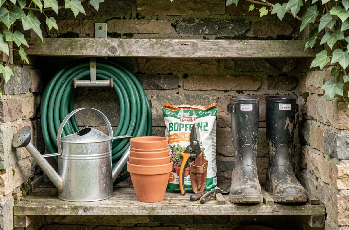 Rangement organisé d'équipements essentiels de jardinage contre un mur de pierre : arrosoir, outils, pots en terre cuite et bottes