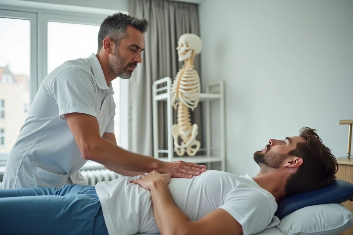 Physiothérapeute effectuant une palpation des côtes inférieures sur un patient, examen clinique du syndrome de Cyriax