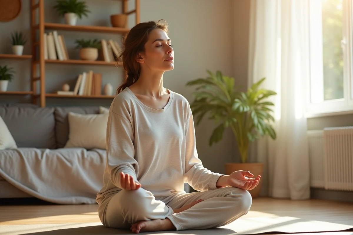 Femme pratiquant des exercices d'étirement doux à domicile pour soulager les douleurs du syndrome de la côte flottante, solution naturelle
