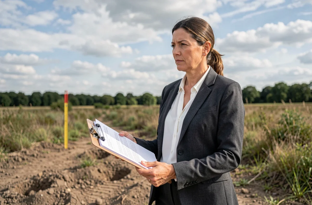 Femme experte en foncier inspectant un terrain vierge avec des documents d'évaluation avant un achat immobilier