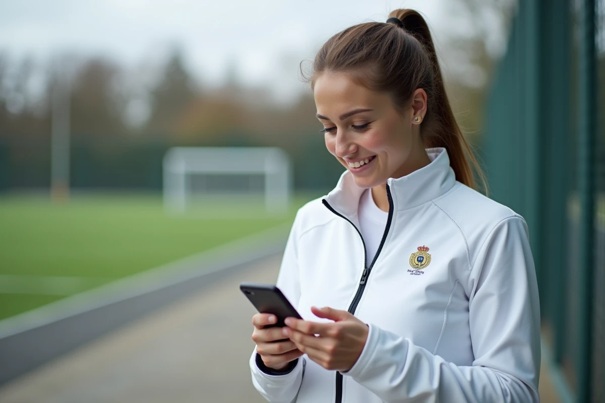 Woman consulting the Footclub FFF application on a smartphone in front of a football field