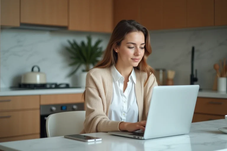 Jeune femme consulte ses finances en ligne à la maison