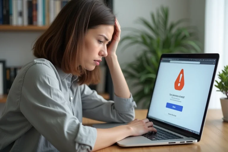 Femme frustrée face à un bug de connexion sur son ordinateur portable au bureau à domicile