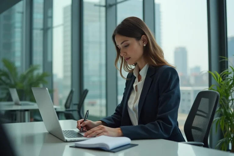 Femme concentrée dans un bureau moderne avec vue urbaine
