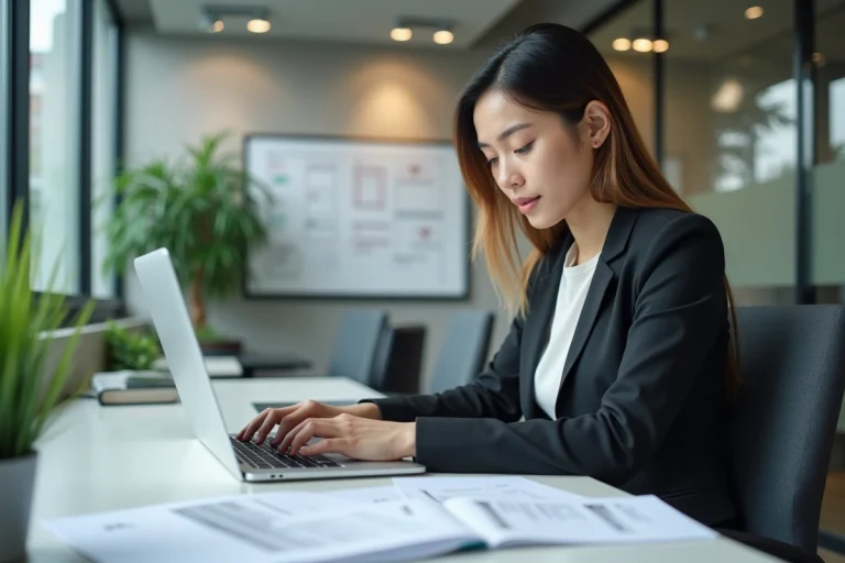 Femme concentrée travaillant sur son ordinateur dans un bureau moderne