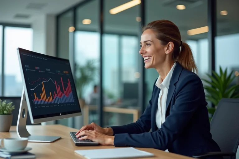 Femme cadre utilisant un logiciel de gestion d'entreprise sur un grand écran dans un bureau moderne