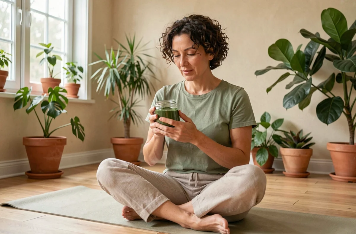 Femme aux cheveux bouclés naturels examinant un pot de spiruline en poudre dans un salon lumineux et végétal