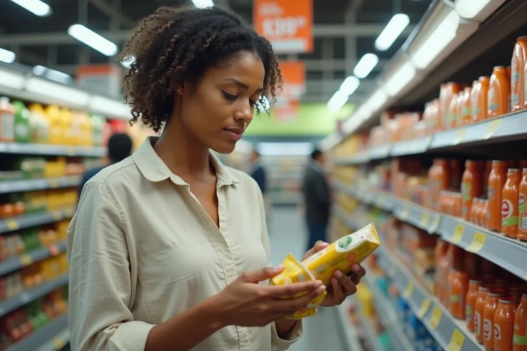 Femme comparant les prix de produits dans un supermarché pour faire des économies sur ses achats quotidiens