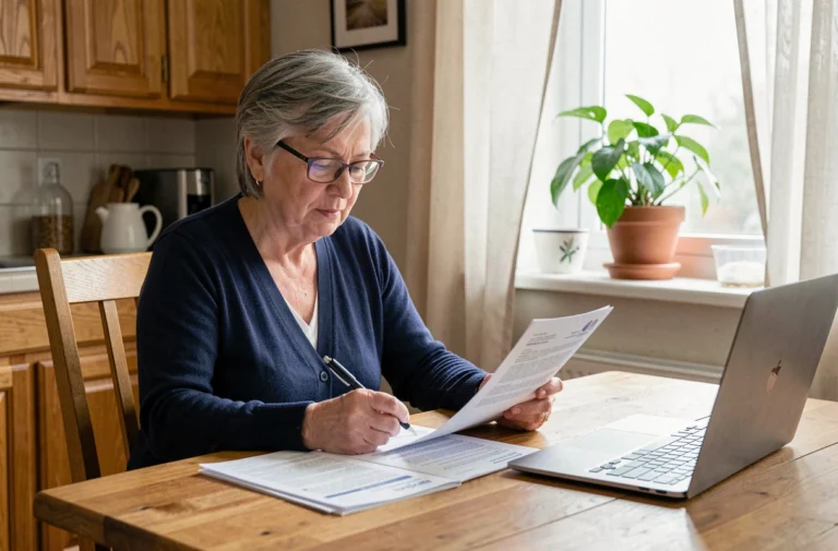 Femme en situation de handicap consultant des documents fiscaux pour une exonération de taxe foncière à son domicile
