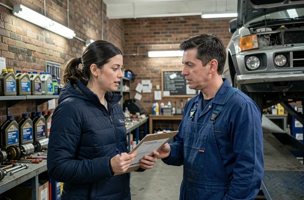 Une femme discute avec un mécanicien dans un garage associatif, comparant une liste de contrôle pour l'achat d'une voiture fiable à bas coût