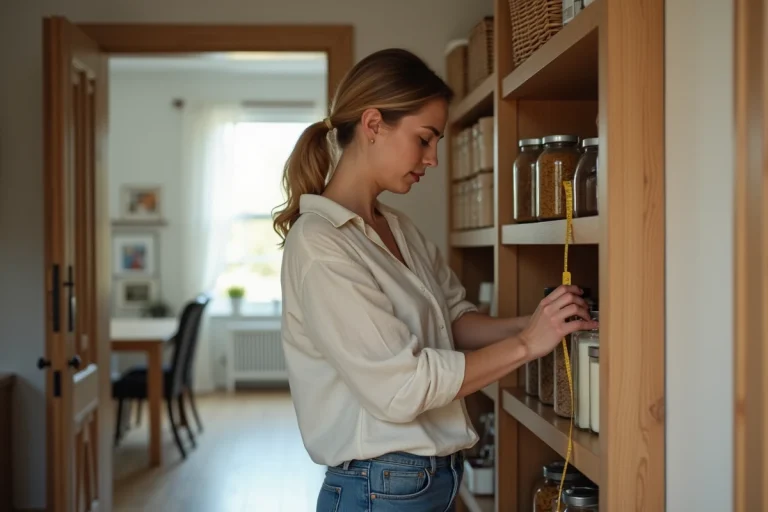 Femme mesurant un cellier organisé avec étagères en bois
