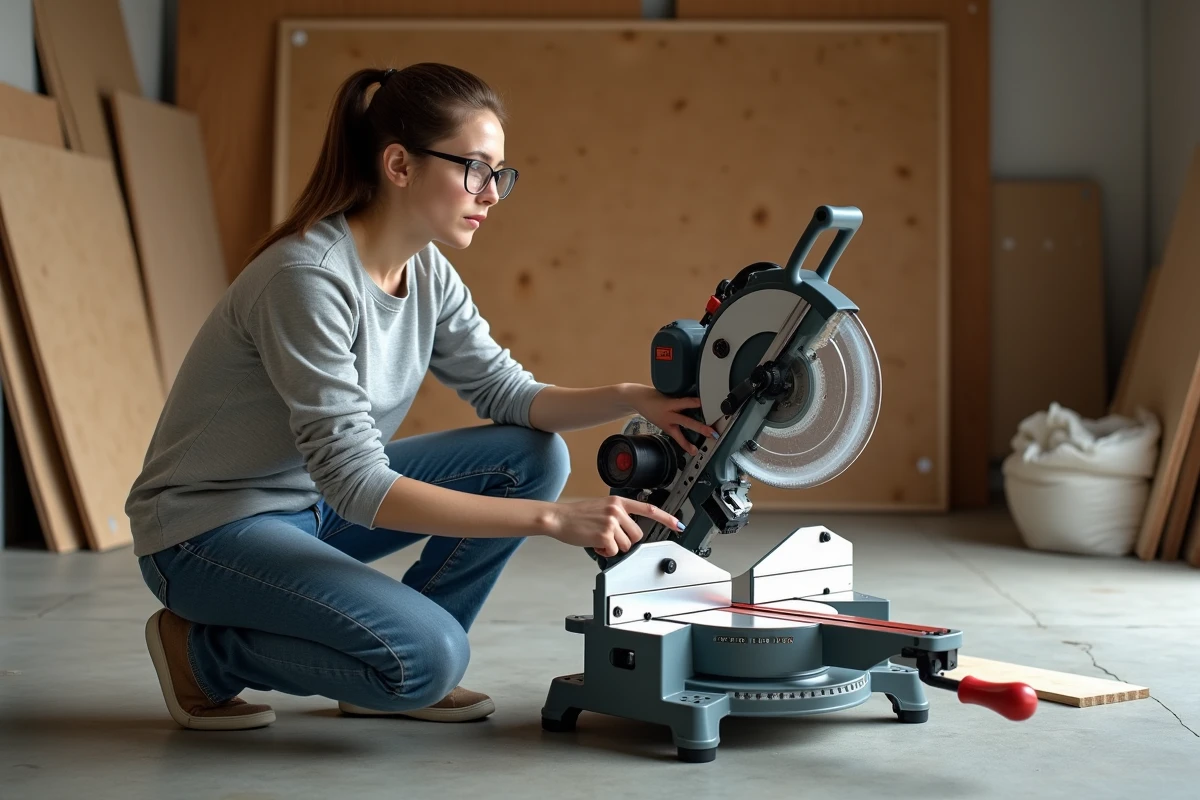 Jeune femme pointant une scie à onglet dans un garage