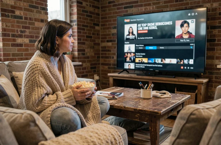 Jeune femme regardant une série en VF sur sa télévision depuis son canapé avec du popcorn