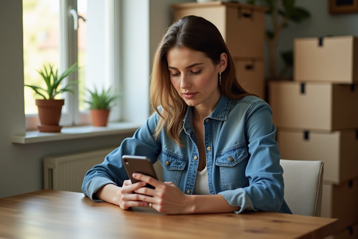 Femme assise utilisant son smartphone pour sa réservation Vinted